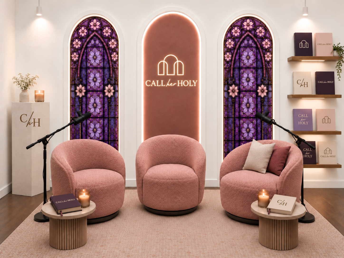 Call Her Holy podcast studio with the brand mark as illuminated signage, foil-stamped bibles and an embroidered arch pillow